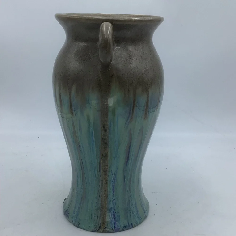 Brown Ceramic Vase with Turquoise Glaze and Round Handles
